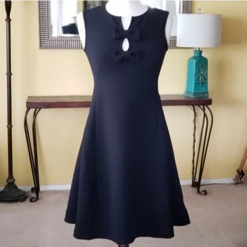 Kate Spade Fit & Flare Crepe Sleeveless Dress Bows Black Women's Size 2